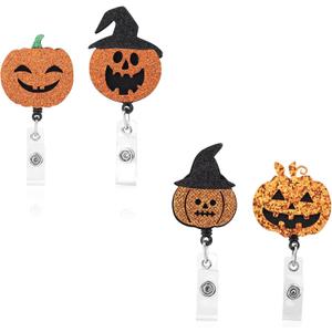 4pcs Halloween Funny Pumpkin Badge Reels, Id Badge Holder Fall Party Badge Reel Retractable Badge Fixed Scroll for Students Lanyard Supplies Halloween Party