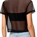 Avanova Women Mesh Sheer Crop Tops See Through Short Sleeve Shirts Loose Sexy Clubwear Black Medium