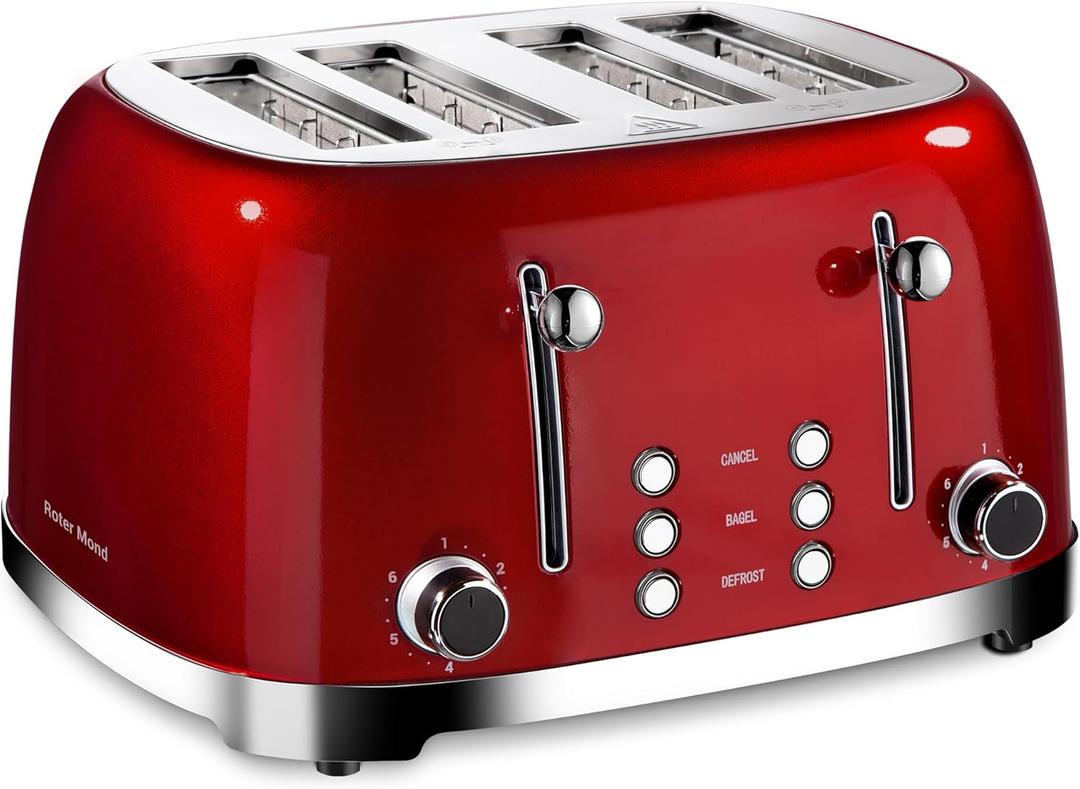 Roter Mond 4 Slice Toaster Retro Stainless Steel with Bagel Defrost Cancel Function, 6 Browning Settings, Extra Wide Slot and Removable Crumb Tray, Red, ST033