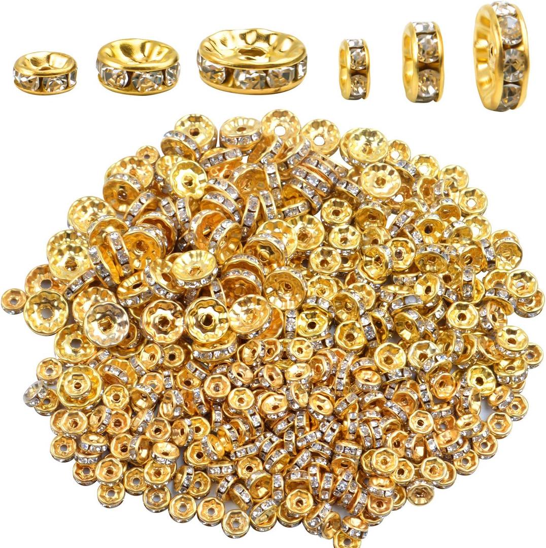400 Pieces Round Crystal Spacer Beads Rondelle Charm Beads 6mm 8mm 10mm for jewelery Making, Gold Color