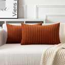 UGASA Fall Velvet 12x20 Inch Lumbar Soft Throw Pillow Covers Decorative Corduroy Striped Both Sides Solid Rectangular Cushion Cases Boho Farmhouse for Couch Bedroom Sofa Home, Pack of 2, Burnt Orange
