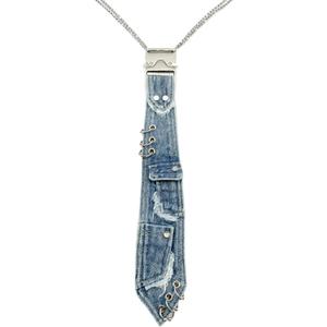 Denim Tie, Distressed Denim Necktie with Pockets, Grunge Style Metal Chain Necktie (Blue)