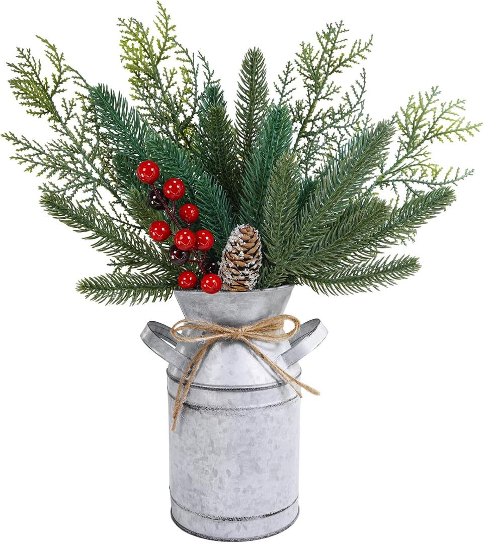 Winlyn 15"H Farmhouse Christmas Centerpiece Rustic Metal Milk Can Artificial Christmas Floral Arrangement with Pine Needle Cedar Red Berry Snowy Pinecone for Country Home Kitchen Holiday Mantel Table