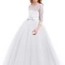 Girls Flower Vintage Floral Lace 3/4 Sleeves Floor Length Dress Wedding Party Evening Formal Pegeant Dance Gown (White), Size 170