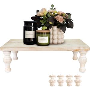 MAONAME Decorative Wooden Display Riser, Farmhouse Wood Pedestal Stand for Display, Rustic Wash White Tray Riser for Kitchen, Home Table Decor, Short and Tall Footed