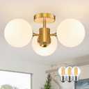 Mid Century Modern 19 Inch Brass Semi Flush Mount Ceiling Lights 3-Light Frosted Globe Glass Gold Chandelier Modern Light Fixtures Ceiling Lights Fixture for Bedroom Hallway Entryway