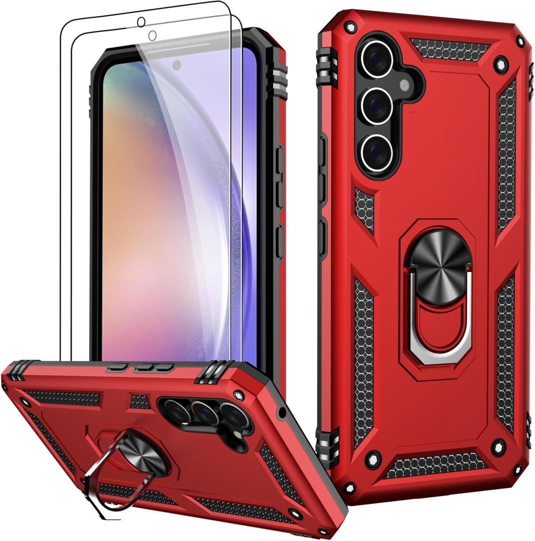 2 x LUMARKE for Galaxy A54 Case with Screen Protector,Pass 16ft. Drop Tested Military Grade Protective Phone Cover with Magnetic Ring Kickstand Compatible with Car Mount Holder Red
