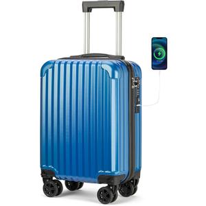 Personal Item Suitcase 18x14x8 Inches Hardside Built In TSA Lock & USB Port Lightweight Luggage Silent Double Spinner Wheels Maximum Underseat Carry-On Bag For Spirit and Frontier (Royal Blue)
