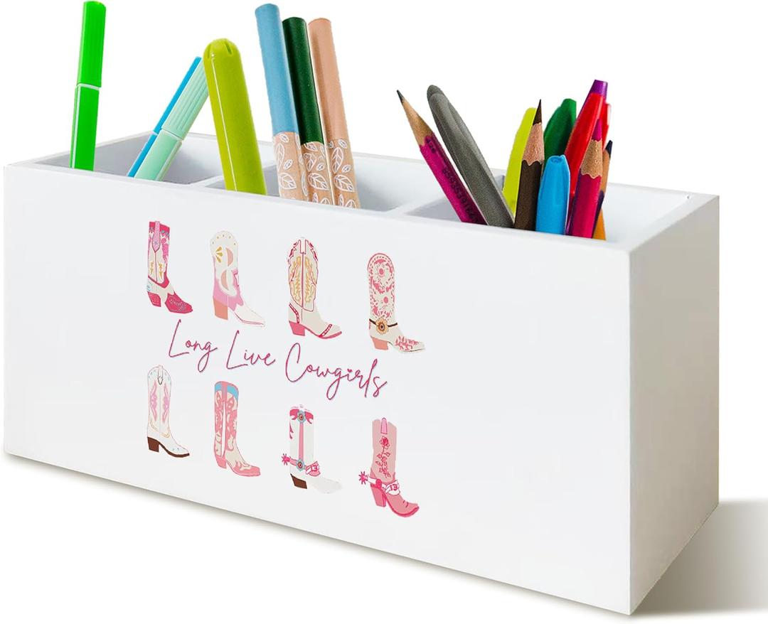 Western Cowgirl Pen Holder for Office Desk Decor, Long Live Cowgirls Wooden Pencil Holder Sign Organizer for Home Office Desk Accessories, Cowgirl Gifts for Women Men (pink)