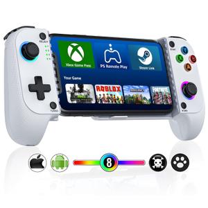 Mocagen Phone Controller for iPhone/Android Support Phone Case, Mobile Controller with Led Light, Upgraded Joysticks, Turbo, Thumb Grips Handheld Gaming Gamepad (Pure White)