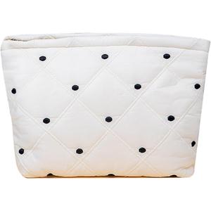 White Soft Makeup Bag, Make Up Brush Bag Pouch, Travel Cosmetic BagsCanvas Makeup Bag for Women and Girls(01White Dots)