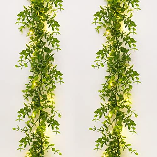 Dolicer 2 Packs Eucalyptus Garland with LED Lights String, 12FT Faux Eucalyptus Greenery Garland, Artificial Hanging Green Leaves Vine Wedding Backdrop Arch Wall Table Decor (Green)