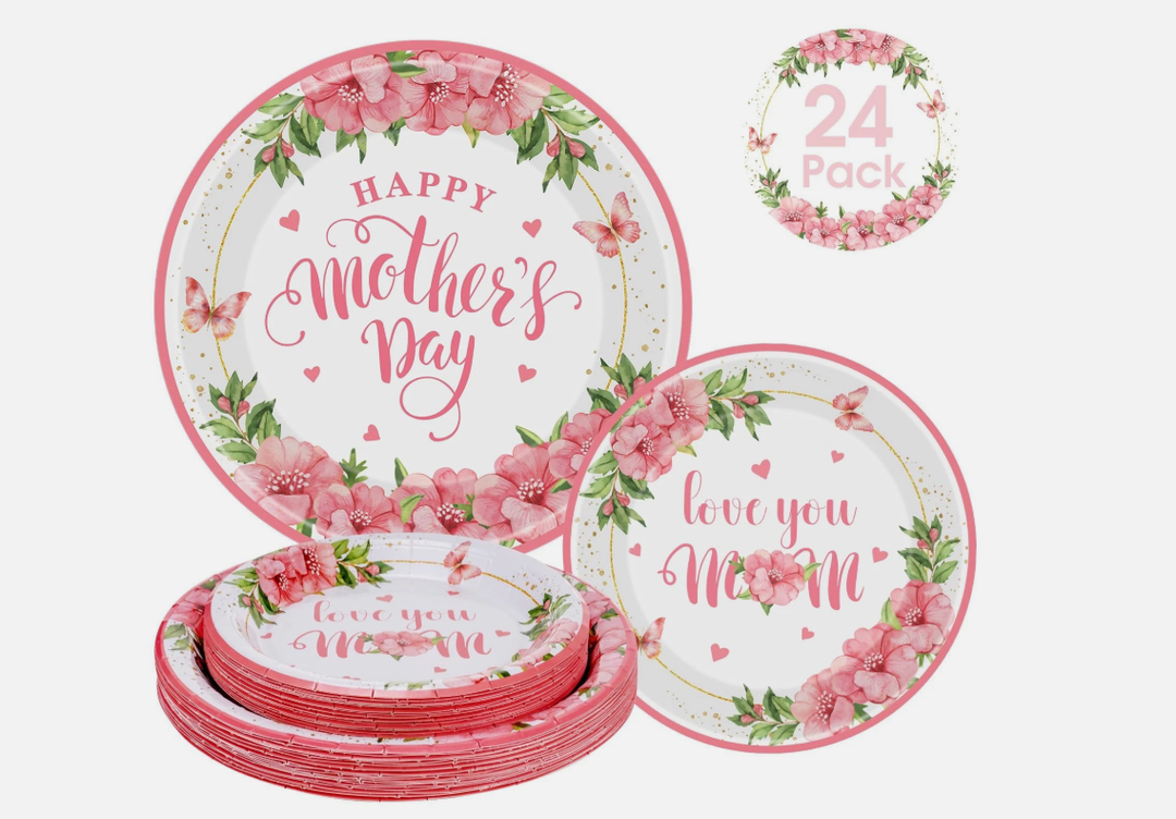 24 Pcs Happy Mother's Day Plates Set - Pink Love You Mom Paper Plate, Disposable
