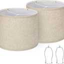 Lampshades Set of 2, Drum Lampshades 11.6" Top x 12.6" Bottom x 9.8" High, Seaside village Medium Lampshades (Spider Fitter), Beige Lampshades Natural Linen Hand Crafted, Easy Assembly Required
