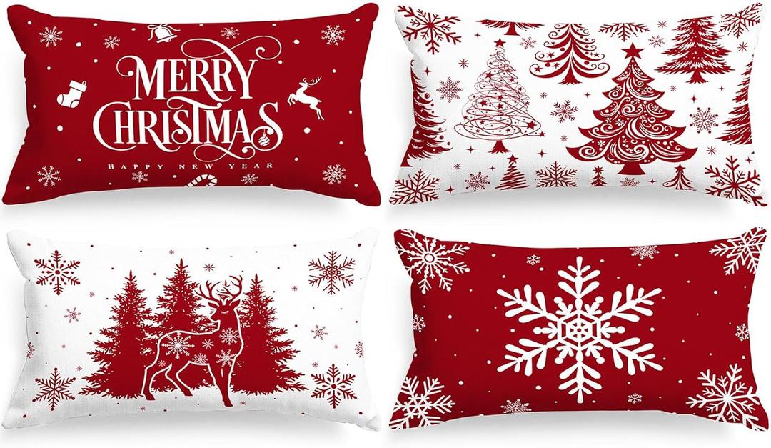 Lanpn 12x22 Red Christmas Pillow Covers Set of 4, Lumbar Pillowcase, Winter Decorative Pillow Case, Merry Christmas Tree Cushion for Indoor Home Bedroom Sofa Xmas Couch Decor