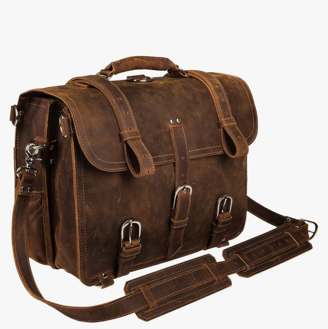Augus Leather Messenger Bag for Men Briefcase Travel Backpack Shoulder Bag Fit 17'' Laptop