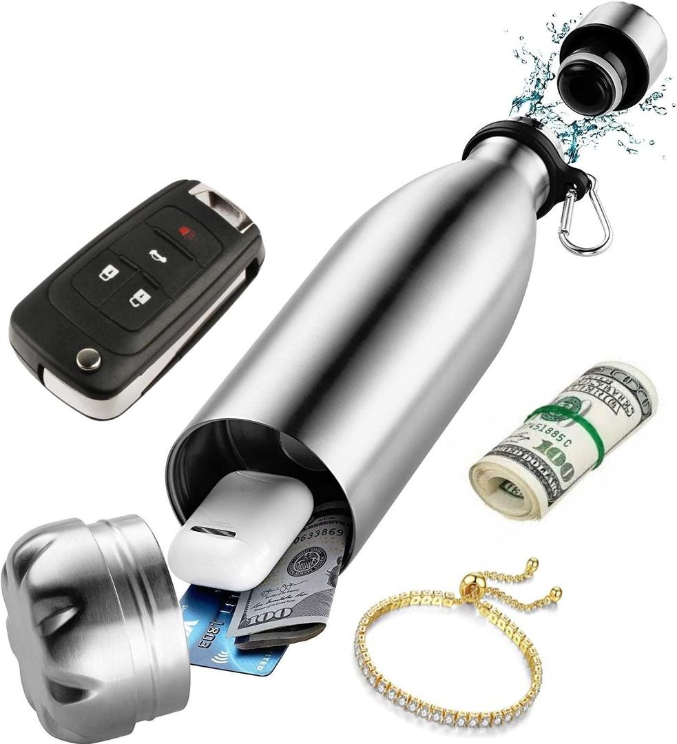 Diversion Safe Water Bottle - Stainless Steel Bottle Safe Box with Hidden Compartment for Cards, Keys, Cash, and Valuables - Insulated Bottle for Hot and Cold Drinks - 18 Ounces (Silver)