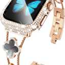 KADES Compatible for Apple Watch Series 10 46mm/42mm Series 9 8 7 45mm/41mm Series 6 5 4 SE 44mm/40mm Series 3 2 1 42mm/38mm, Sparkling Bling Diamond Band with Full Diamonds Case (Rose Gold with Black Pearl Shell)