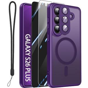 Magnetic for Samsung Galaxy S26 Plus Case with 2X Screen Protectors & Full Camera Cover,Compatible with MagSafe for Galaxy S 26 Plus. Cover Translucent Matte Phone Case for Men Women/Girls.-Purple