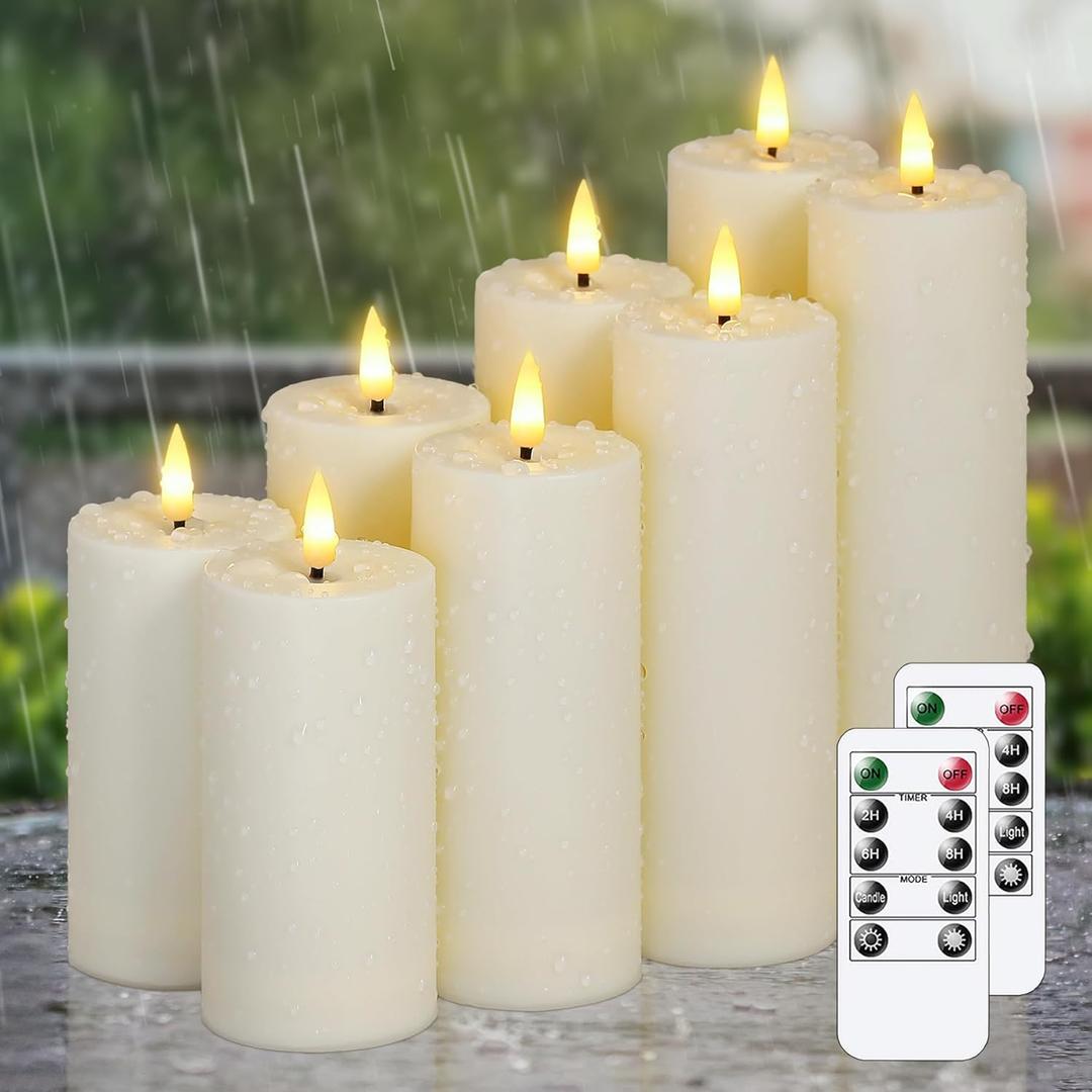 Flameless Waterproof 2.2" x4" 4" 5" 5" 6" 6" 7" 7" Pillar Candles with Remote Control and Timer, LED Battery Operated Plastic Ivory Pack of 8 Outdoor Flickering Warm Light