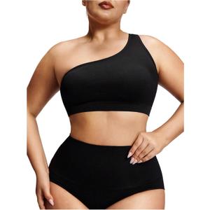 SOLY HUX Women's Plus Size Bra One Shoulder Wireless Bras Knit Comfort Bralette Camisole (Black, 4XL)