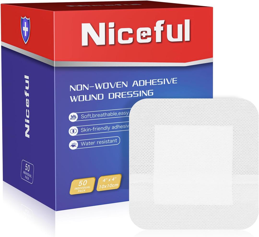 Niceful 50 Count Adhesive Gauze Island Dressing 4" x 4", Water-Resistant Wound Dressing, Sterile & Absorbent Medical Grade Dressing Pads First Aid Pads FSA Eligible