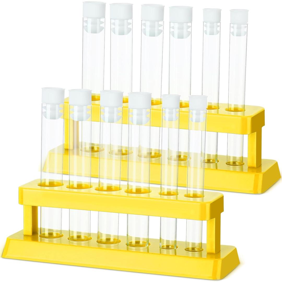Copkim 2 Sets Test Tubes with Rack Clear Plastic Test with Caps and 6 Holes Holder Rack Nurse Party Decorations Shot Tubes for Scientific Experiments Party Favors Candy (Yellow, Removable)