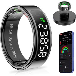 AMOVAN Smart Ring with LED Display Screen Health Tracker and Touch Button, Bluetooth Connection Health Monitor Tracks Heart Rate/Blood Oxygen/Sleep/Sports Activities, IP68 Waterproof (Black, 12#)