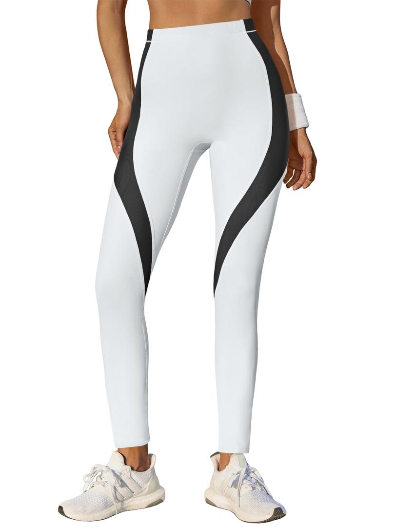Fisoew Womens High Waisted Leggings Color Block Yoga Pants Workout Running Stretchy No See Through Leggings White (XL)