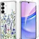 Flower Phone Case Floral for Samsung Galaxy A15 5G 6,5'' with Screen Protector, Clear Transparent Phone Cover Slim Soft Shockproof Anti-Scratch Drop Protection Funda for Girls Women, 03