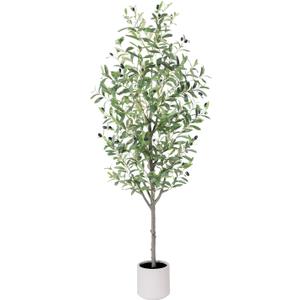 Olive Tree Artificial Indoor, 5ft Tall Silk Faux Olive Tree with White Planter, Artificial Plants with Natural Wood Trunk and Lifelike Fruits for Home Office Decor
