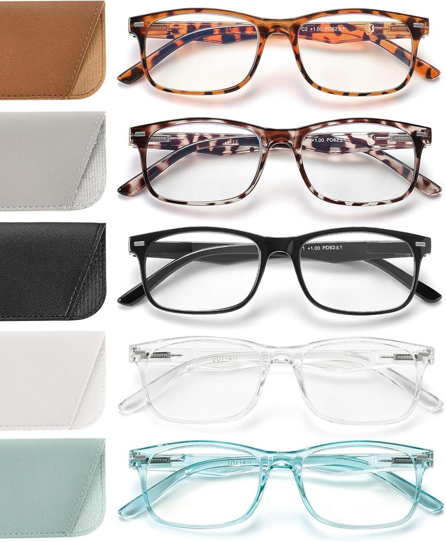 5 Pack Reading Glasses for Women, Spring Hinges Lightweight Readers Glasses,Blue Light Reading Glasses Anti Eyestrain (Black+yellow Tortoiseshell+grey Tortoiseshell+green + White)