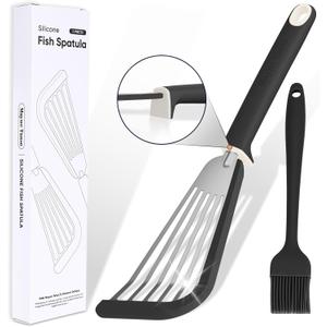 Fish Spatula,600 Heat Resistant Silicone Fish Spatula with Basting Brush,for Nonstick Cookware,Flexible Slotted Fishs Turner Spatulas,BPA Free,Dishwasher Safe(Black)