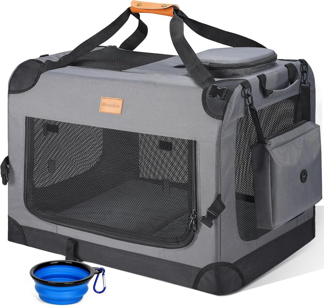 Morpilot 24-inch Portable Collapsible Dog Crate: Travel Dog Crate Soft-Sided for Small Dogs up to 27lbs, with Foldable Bowl, Shoulder Strap & Storage Pockets, Grey