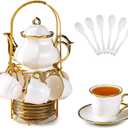 20 Pcs Porcelain Tea Set with Metal Holder, European Ceramic Tea Set for Adults, Coffee Tea Gift Sets, French Tea Cup Saucer Set for Party With Gold Trim (French White)