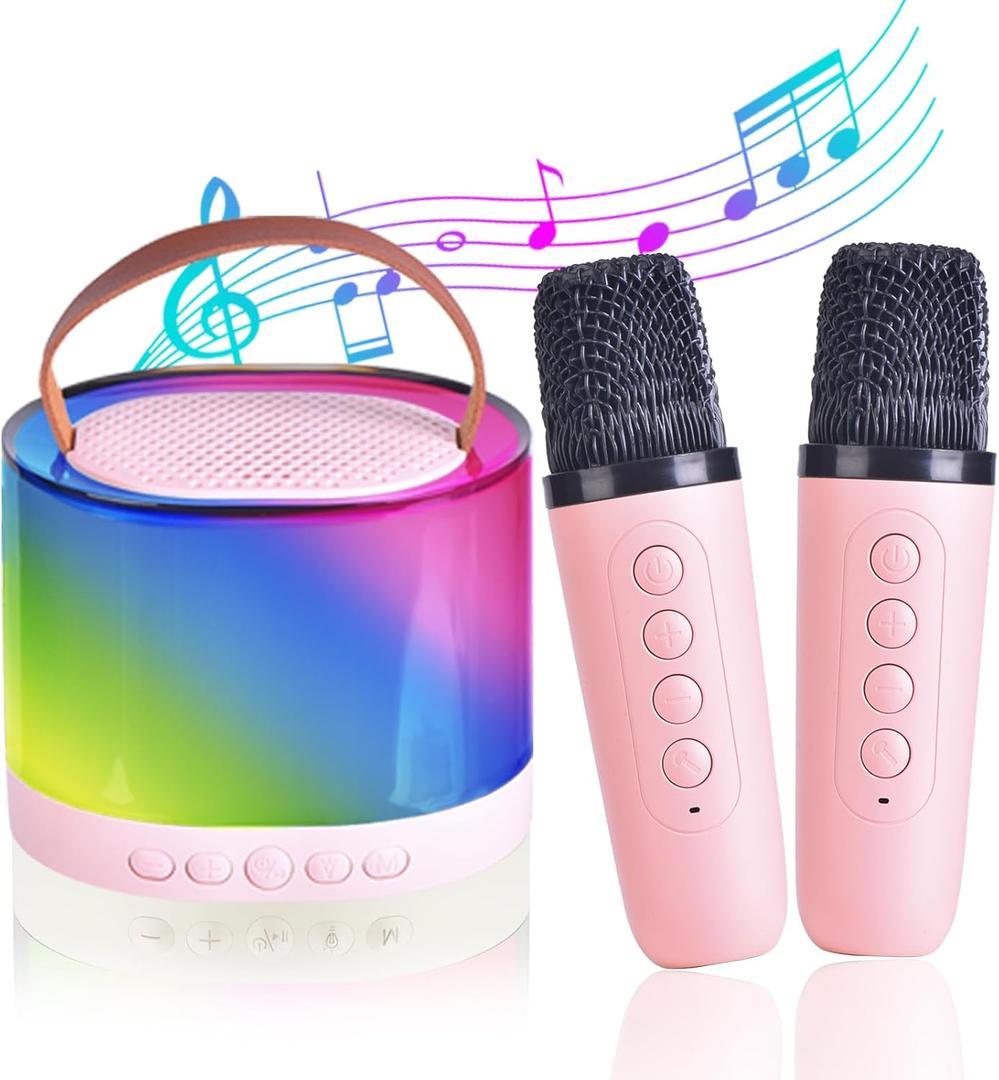 Kids Karaoke Machines for Girls, Mini Karaoke Speaker with 2 Wireless Microphones, Presents for Kids Ages 4-12, Stocking Fillers Gifts For Boys Girls 4, 5, 6, 7, 8, 9, 10, 11 Year Old (Pink)