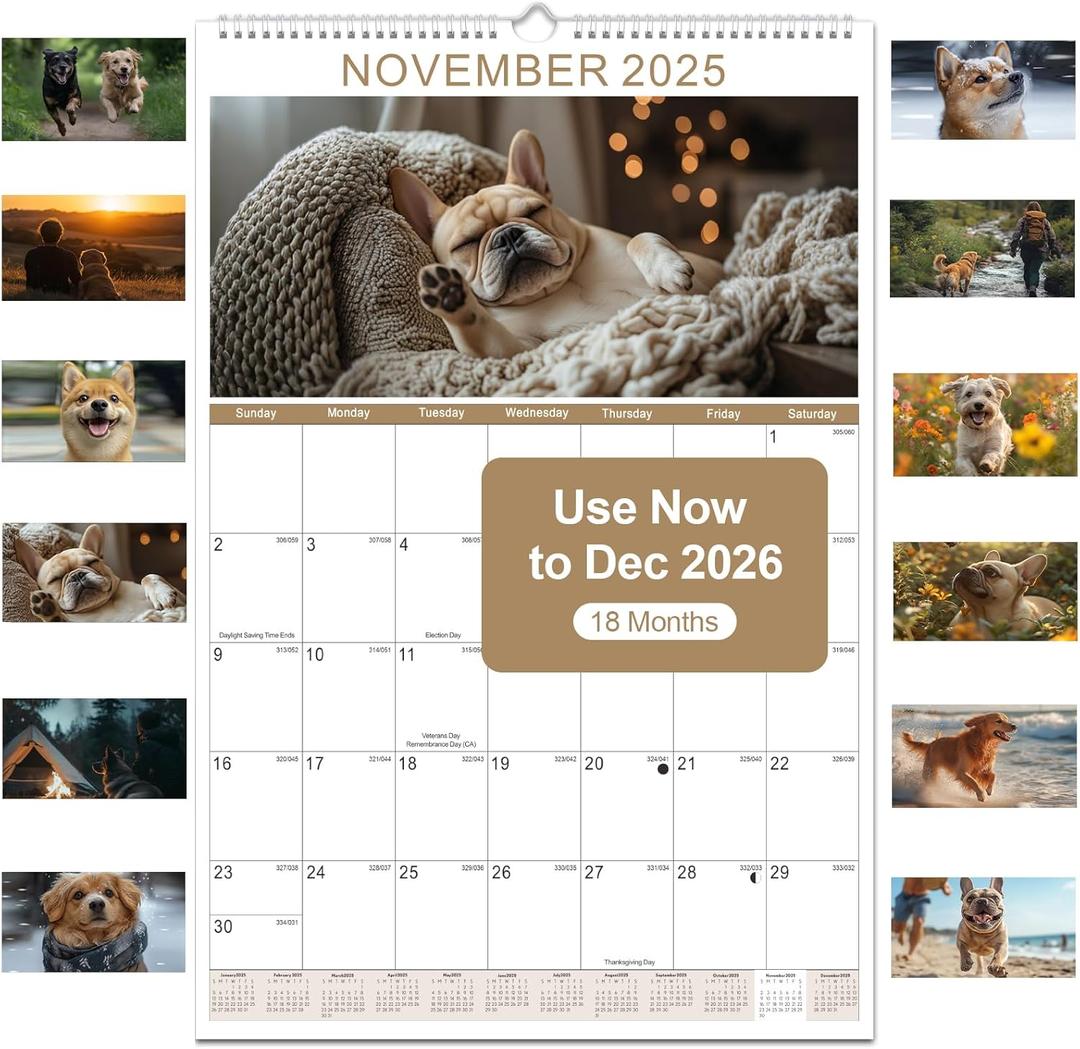 Gannyfer 2026 Wall Calendar, 18 Months 22.75" x 15.5" Calendar 2025-2026, Use Now to DEC 2026, Large Spiral Binding Cute Dog 2026 Calendar, Perfect for Home, School or Office (6 Stickers Included) (Green)