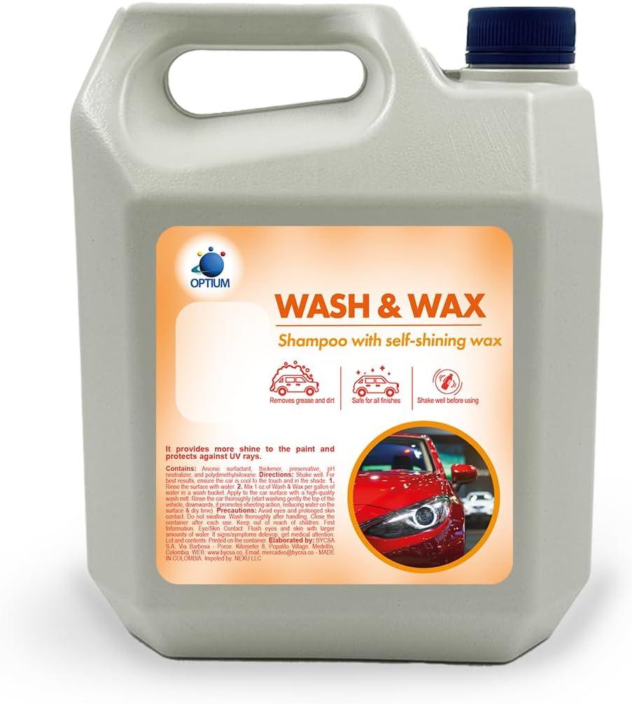 OPTIUM Wash & Wax Car Shampoo Concentrated Car Soap with Self-Shining Silicone Wax Biodegradable, Safe for All Paint Finishes, Removes Grease & Dirt Professional Size 136 oz
