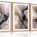 Large Abstract Neutral Framed Canvas Wall Art,Watercolor Black Ink Wall Decor,Modern Beige Brown Prints,Minimalist Line Artwork for Living Room,Bedroom,Dining Room,Office -24"x36"x3