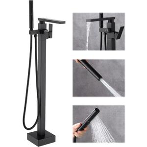 Free Standing Tub Faucet, Floor Mount Bathroom Tub Filler, Single Handle Freestanding Bathtub Shower Faucets with Handheld Sprayer, Matte Black