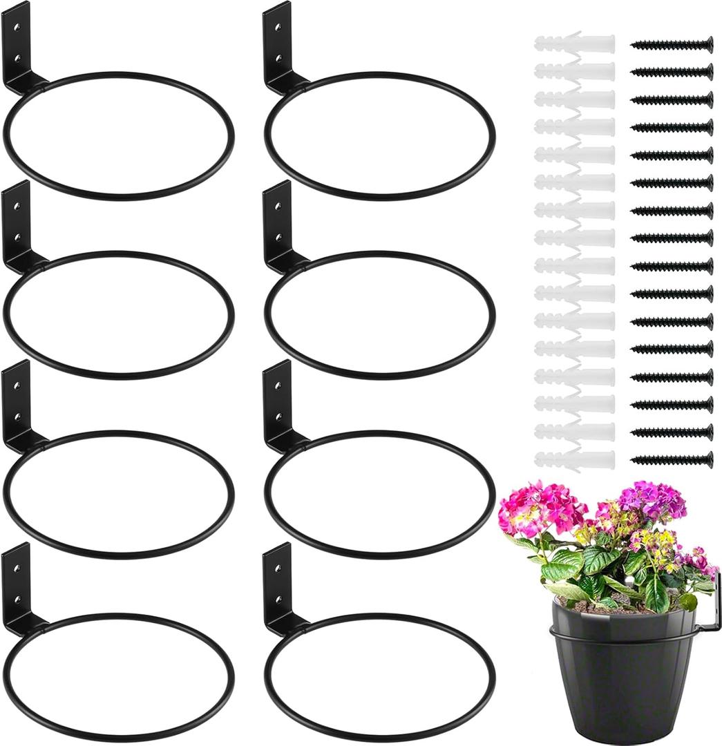 8-Pack 6 Inch Flower Pot Holder Ring Wall Mounted Metal Flower Pot Hangers Wall Hanger Bracket Rings Black Planter Bracket for Home, Garden, Indoor Outdoor Pots