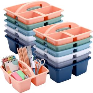 Potchen 12 Pack Classroom Caddy with Handle, Plastic Storage Caddy Organizer with 3 Compartments Portable Teacher Organization for Classroom School Table Desk Craft Art Workshop Home Office Supplies