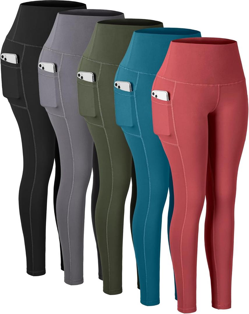 CHRLEISURE Leggings with Pockets for Women, High Waisted Tummy Control Workout Yoga Pants (X-Large, 5 Packs - Black/Grey/Peacock Blue/Raspberry Red/Army Green)