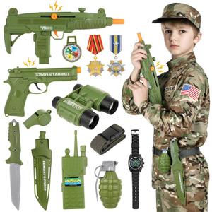 GIFTINBOX Army Costume for Kids, Boys Military Soldier Costume with Toy Accessories, Halloween Costumes for Boys, 13Pcs Army kit Middle(6-8yrs)