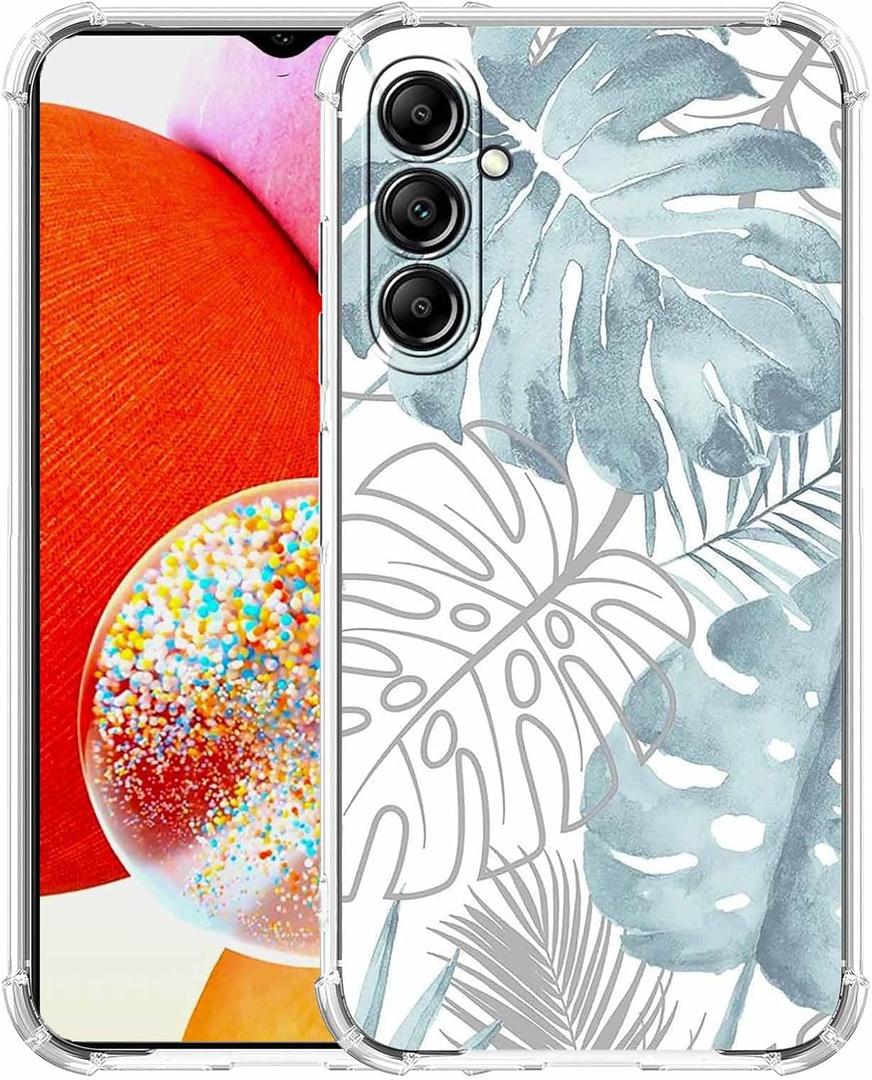 For Samsung Galaxy A14 Case with Green Leaves Design,Tropical Monstera Leaves Plants Pattern,Clear Slim Soft TPU Bumper Case,6.6(Leaf,A14)