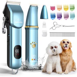 Dog Grooming Kit, Dog Clippers for Grooming for Thick Curly Coats, Professional Pet Hair Shaver Paw Trimmer Cordless Rechargeable Low Noise for Dogs Cats Animals Face Ear (Blue)