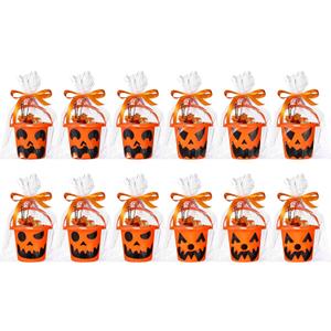 Tioncy 12 Pcs Halloween Trick or Treat Pumpkin Buckets Bulk Plastic Halloween Candy Felt Popcorn Pails Bag Face Decal Clear Orange Ribbon for Party Favors DIY Small (6 x 5 Inch)