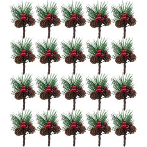 20PCS Artificial Pine Picks Small Pine Tree Plants Red Pinecones for Christmas Flower Arrangements Wreaths and Holiday Decorations