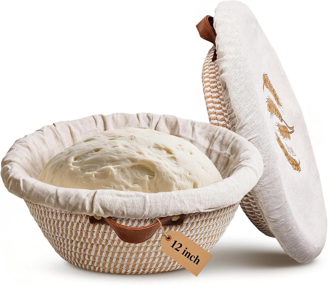 12 Inch Large Cotton Rope Banneton Bread Proofing Basket Set, 2 Pack Round Sourdough Bread Baking Supplies with Liners & Covers for Artisan Bread Baking
