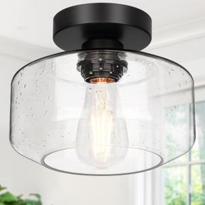 Industrial Semi Flush Mount Ceiling Light, 800 Lumen LED Bulb Included, Seeded Glass Shade Farmhouse Light Fixture for Hallway Corridor Kitchen Bathroom Bedroom Passway(Large, Black)